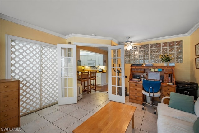 living room featuring ceiling fan, light tile patterned flooring, crown molding, and french doors