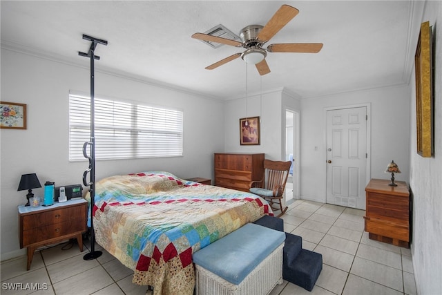 bedroom featuring light tile patterned floors, ceiling fan, and crown molding