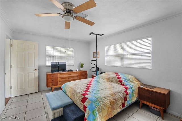 bedroom featuring light tile patterned floors, ceiling fan, and ornamental molding