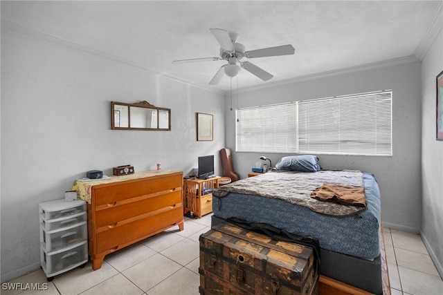 tiled bedroom with ceiling fan and ornamental molding