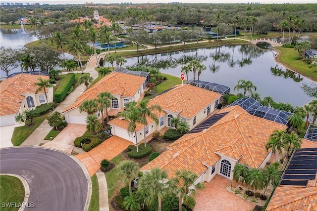 drone / aerial view featuring a water view