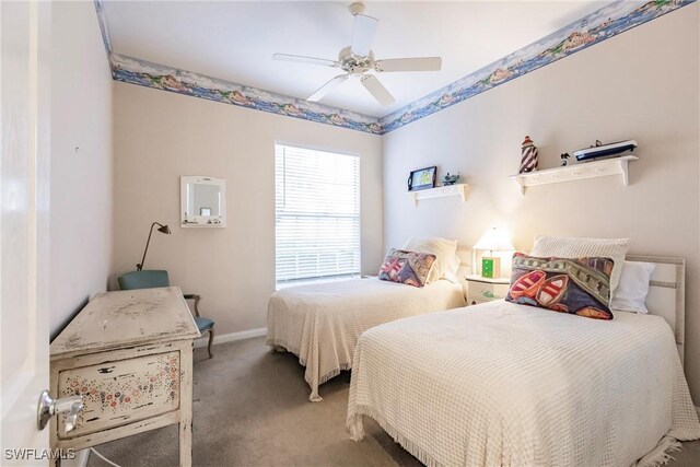 bedroom with light carpet and ceiling fan