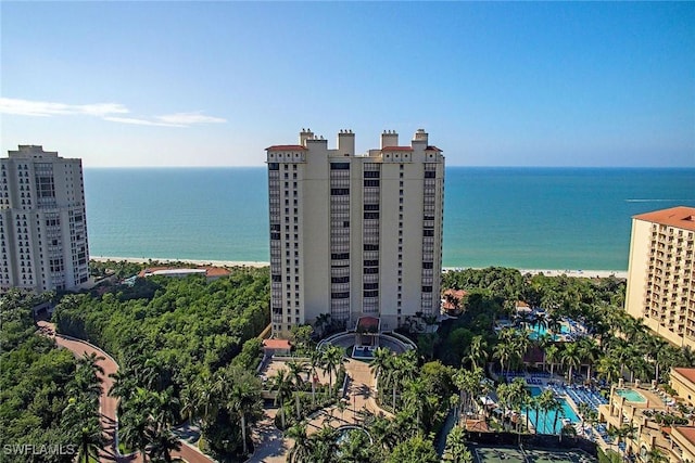 bird's eye view with a water view