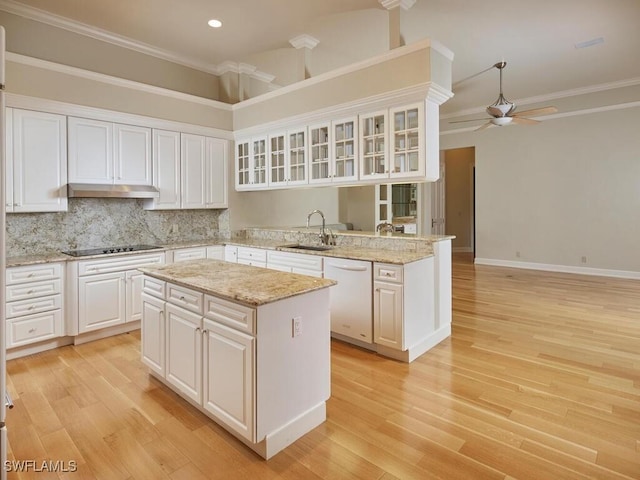 kitchen featuring sink, dishwasher, ceiling fan, white cabinetry, and a center island