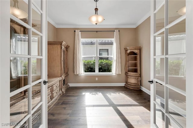 interior space featuring crown molding, dark wood-type flooring, and french doors