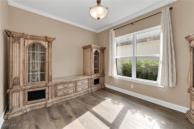 interior space featuring hardwood / wood-style flooring and crown molding