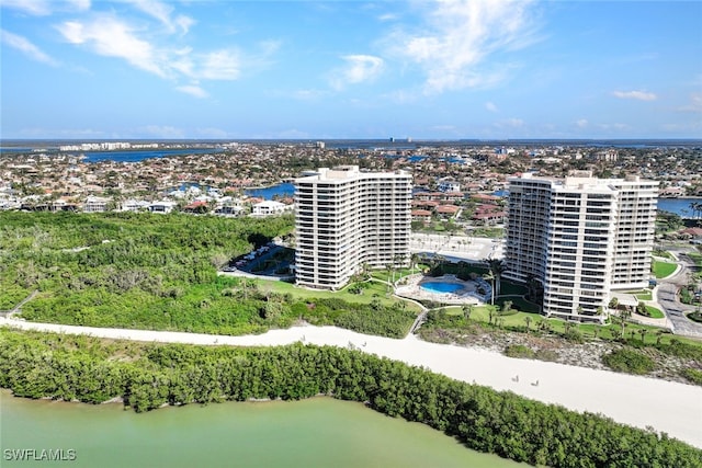 drone / aerial view with a water view