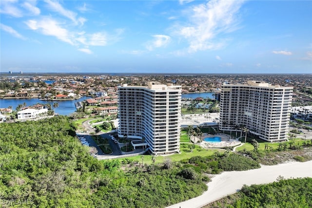 drone / aerial view featuring a water view