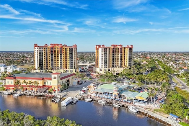 drone / aerial view with a water view