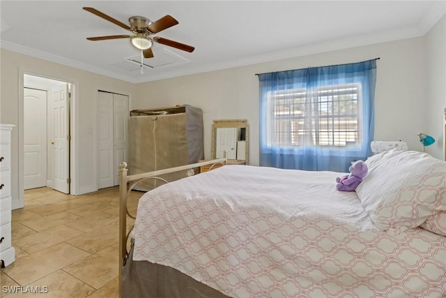 tiled bedroom with crown molding and ceiling fan