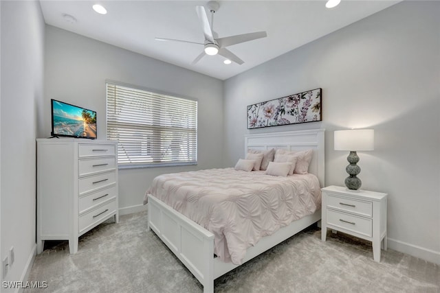 carpeted bedroom with ceiling fan