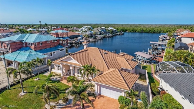 aerial view featuring a water view