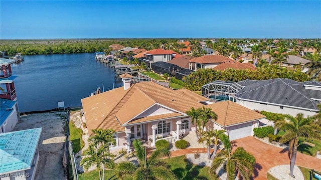 drone / aerial view featuring a water view