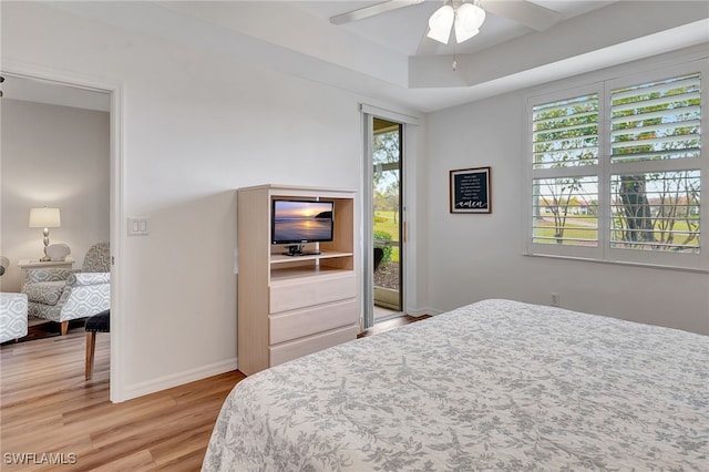 bedroom with a raised ceiling, multiple windows, ceiling fan, and hardwood / wood-style flooring