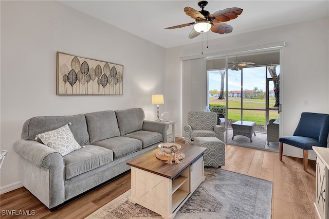 living room featuring ceiling fan and wood-type flooring