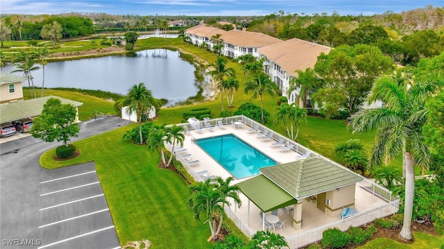 drone / aerial view featuring a water view