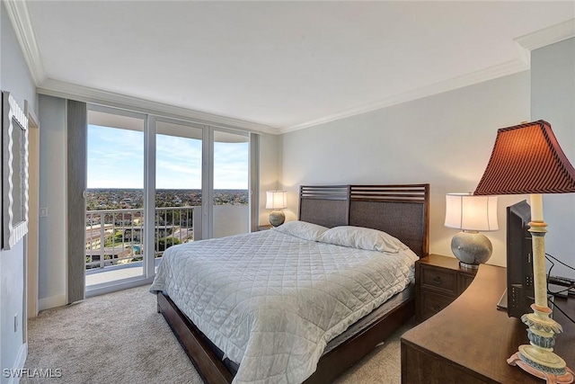 bedroom with floor to ceiling windows, light colored carpet, crown molding, and access to outside