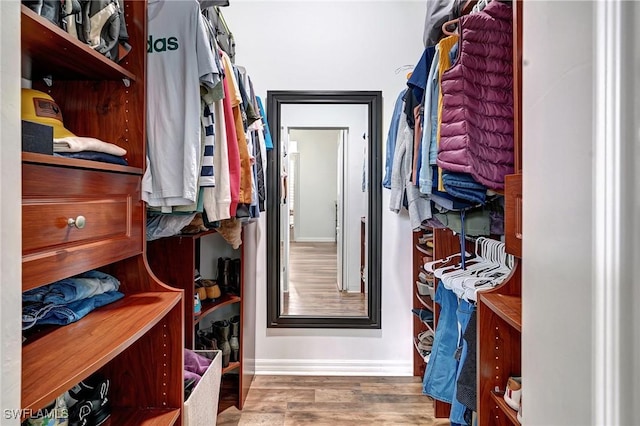 spacious closet with dark hardwood / wood-style flooring