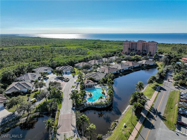 aerial view featuring a water view