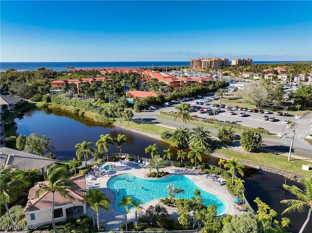 drone / aerial view with a water view