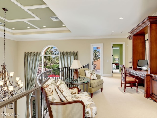 sitting room with ornamental molding, light carpet, and a notable chandelier