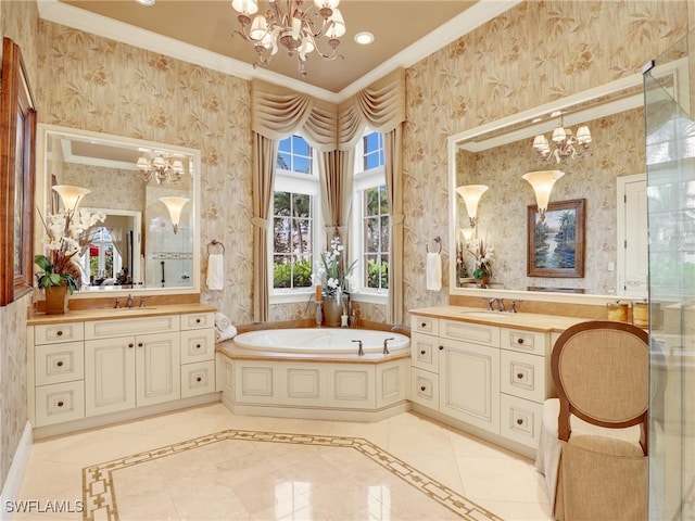 bathroom featuring an inviting chandelier, vanity, and crown molding