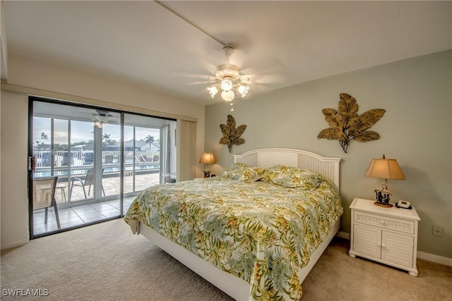 carpeted bedroom with ceiling fan and access to exterior