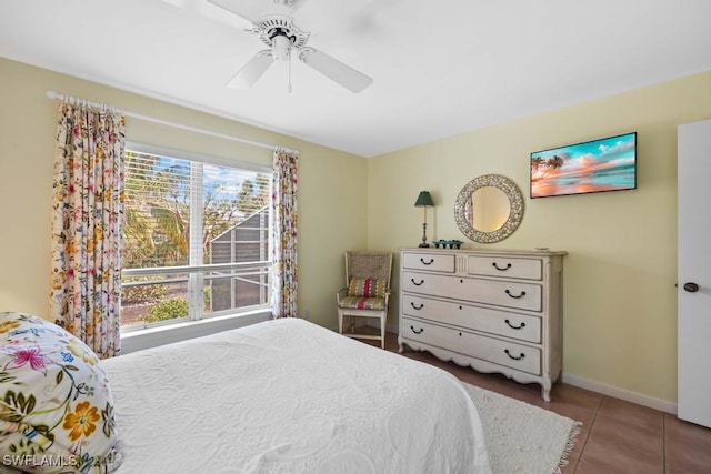 bedroom featuring ceiling fan and tile patterned floors