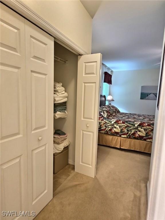 bedroom featuring a closet and light carpet