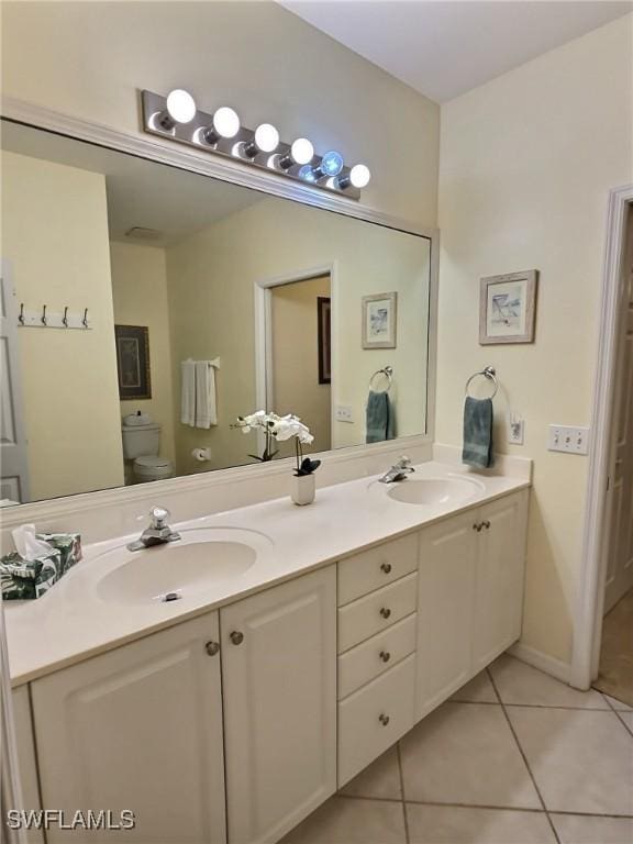 bathroom featuring toilet, tile patterned floors, and vanity