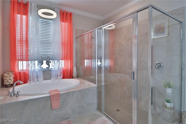 bathroom featuring tile patterned flooring, crown molding, and shower with separate bathtub