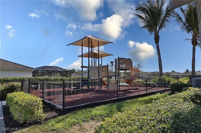 view of jungle gym with central air condition unit