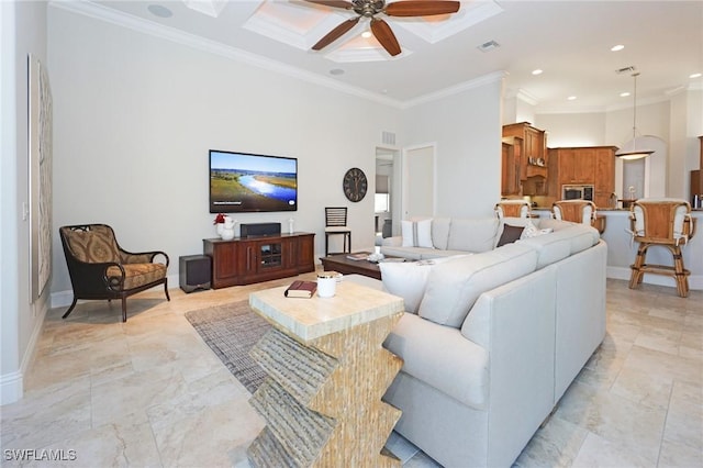 living room with crown molding, a towering ceiling, ceiling fan, and coffered ceiling