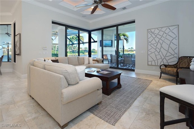 living room with beam ceiling, ceiling fan, crown molding, and coffered ceiling