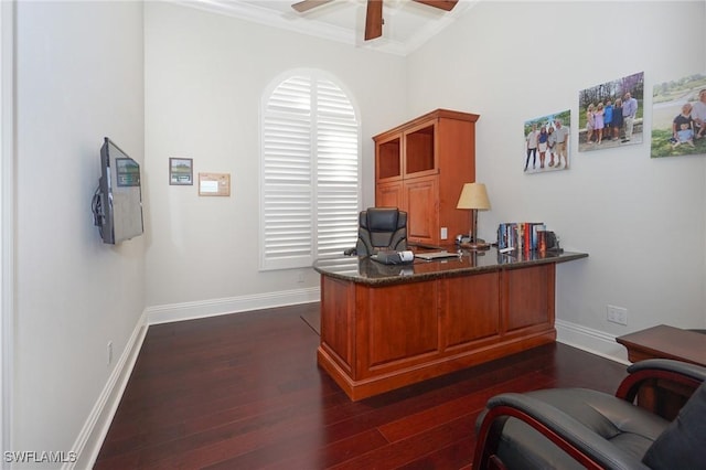 office with ceiling fan, dark hardwood / wood-style flooring, and ornamental molding