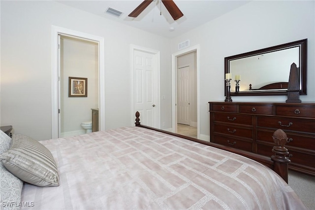 bedroom featuring ensuite bathroom and ceiling fan