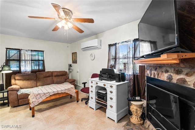 tiled living room featuring ceiling fan, a wall mounted AC, and plenty of natural light