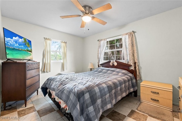 bedroom with ceiling fan and multiple windows