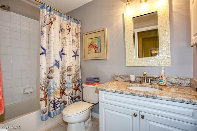 full bathroom with toilet, shower / bath combination with curtain, vanity, and tile patterned floors