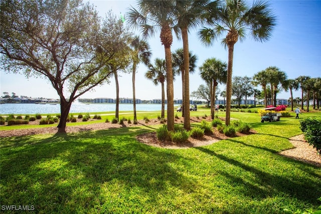 view of community with a lawn and a water view