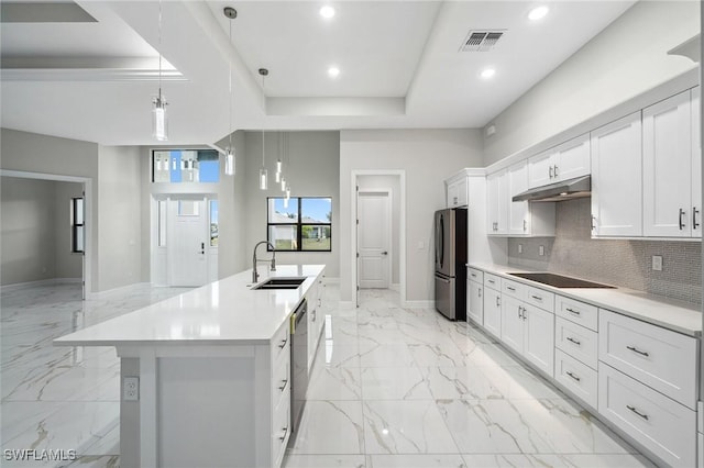 kitchen with appliances with stainless steel finishes, sink, a tray ceiling, white cabinets, and hanging light fixtures