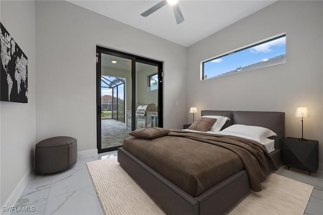 bedroom with multiple windows, access to exterior, and ceiling fan