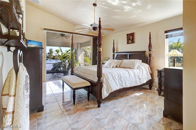 bedroom with ceiling fan, lofted ceiling, and access to outside