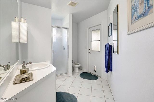 bathroom with tile patterned floors, vanity, walk in shower, and a bidet