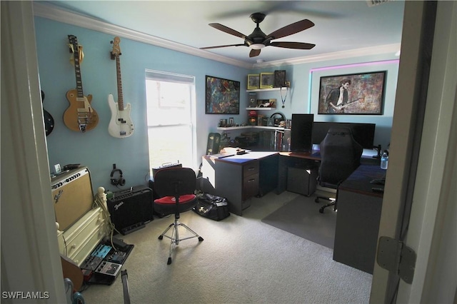 office with carpet floors, ceiling fan, and ornamental molding