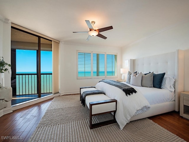 bedroom featuring access to outside, ceiling fan, and wood-type flooring