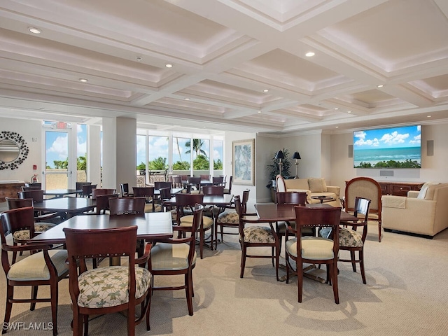 carpeted dining area with crown molding, beamed ceiling, and coffered ceiling