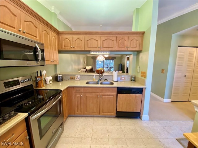 kitchen featuring ornamental molding, appliances with stainless steel finishes, sink, and light tile patterned floors