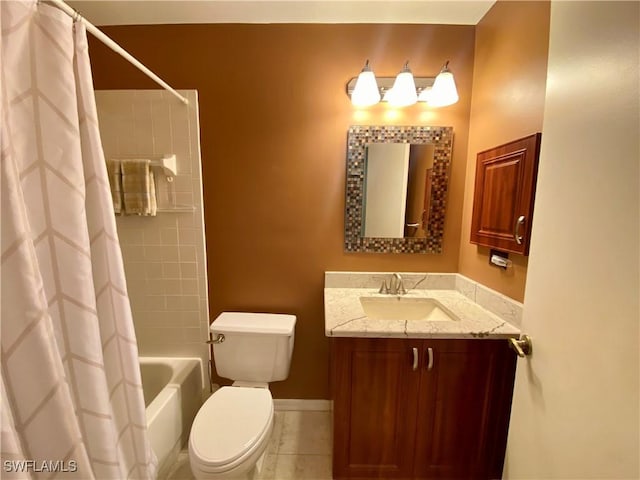 full bathroom with vanity, shower / bath combo, tile patterned floors, and toilet