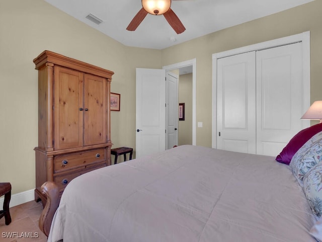 bedroom with ceiling fan and a closet